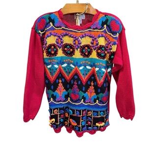 Casual Corner Artsy Red Knit Sweater Vibrant Details Art To Wear
